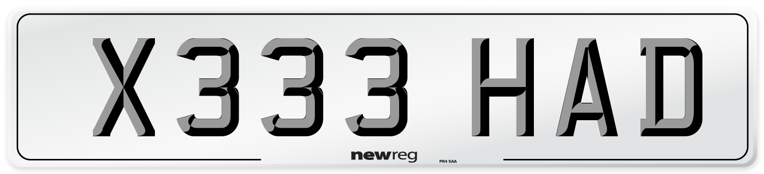 X333 HAD Number Plate from New Reg